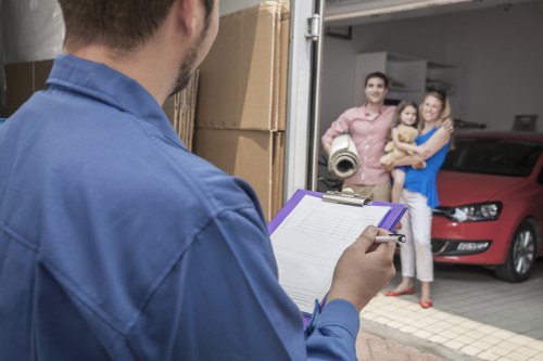 Office relocation equipment being organized for transport